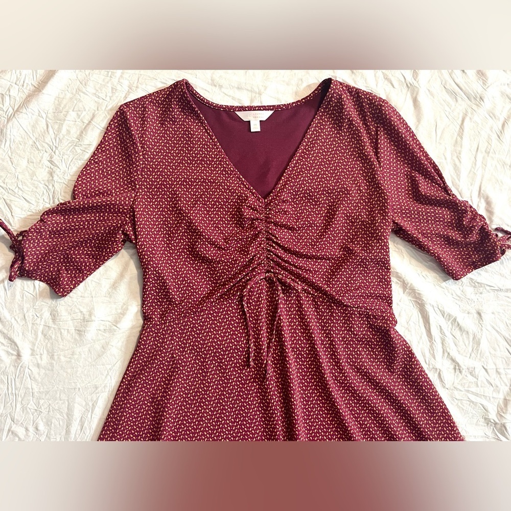 Lauren Conrad Women’s Maroon Midi Dress with Knot Sleeve Size Medium - Picture 2 of 16